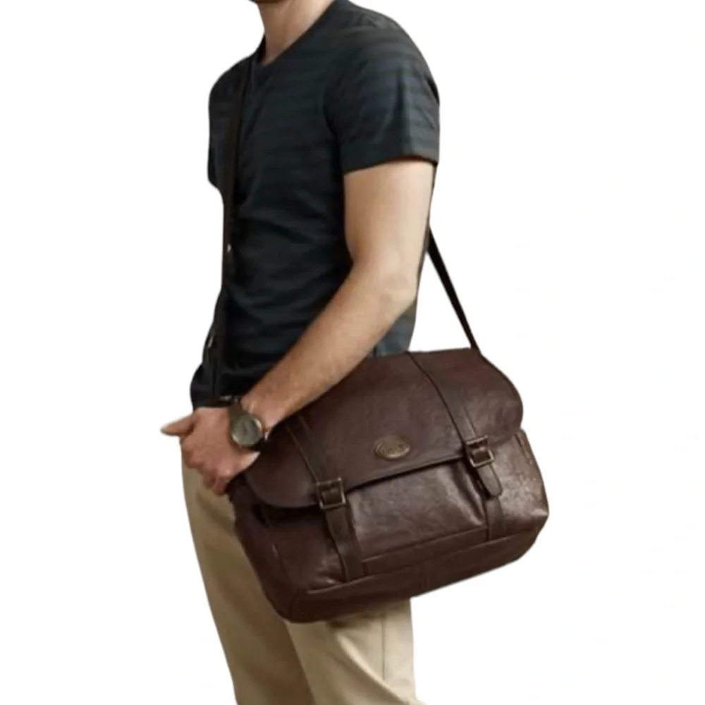 Fossil Men’s Leather Estate Messenger East West Brown Messenger Bag - Picture 2 of 16